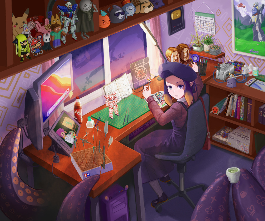 >_<, 1girl, absurdres, airbrush, among_us, ao-chan_(ninomae_ina'nis), apple_inc., artist_name, beret, bloop_(gawr_gura), bob_ross, bold_and_brash_(spongebob_squarepants), bubba_(watson_amelia), cable, collared_shirt, computer, crewmate_(among_us), death-sensei_(mori_calliope), dress, emil_(nier), figure, forehead, gundam, gundam_00, gundam_exia, gundam_unicorn, gunpla, hair_behind_ear, hat, highres, hollow_knight, hololive, hololive_english, holomyth, inkling, knight_(hollow_knight), kotori_(takanashi_kiara), looking_at_viewer, macintosh, mobile_suit_gundam, model_kit, nier, nier_(series), ninomae_ina'nis, pikachu, plant, pointy_ears, pokemon, poster_(object), purple_dress, purple_headwear, purple_shirt, red_(among_us), ring_fit_adventure, rx-78-2, shirt, sitting, smile, soda_bottle, solo, splatoon_(series), spongebob_squarepants, squidward_tentacles, steve_(minecraft), strictly_mecha, tablet_pc, taiko_no_tatsujin, tako_(ninomae_ina'nis), tea, tentacle_hair, tentacles, turn_a_gundam, turn_a_gundam_(mobile_suit), unicorn_gundam, v-fin, violet_eyes, virtual_youtuber, wada_don, window, yagoo, youtube_creator_award