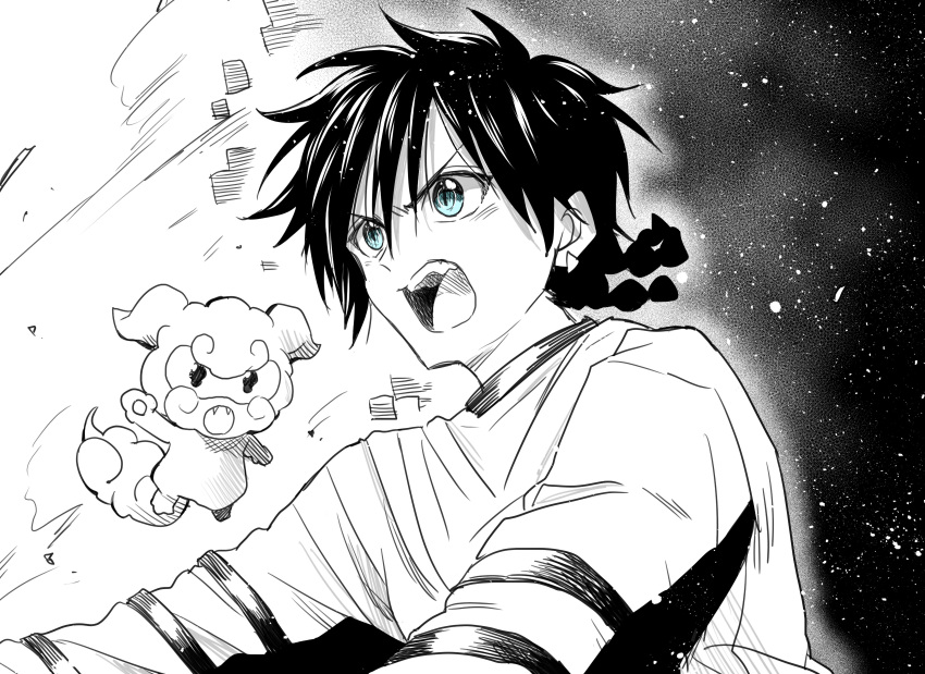 1boy, absurdres, blue_eyes, braid, fang, fangs, from_side, gai_(kyoukai_senki)