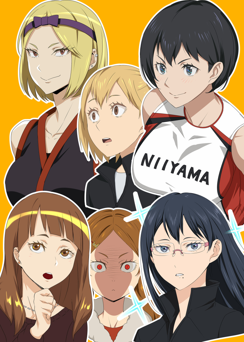 6+girls, absurdres, amanai_kanoka, bangs, black_hair, blonde_hair, blue_eyes, blunt_bangs
