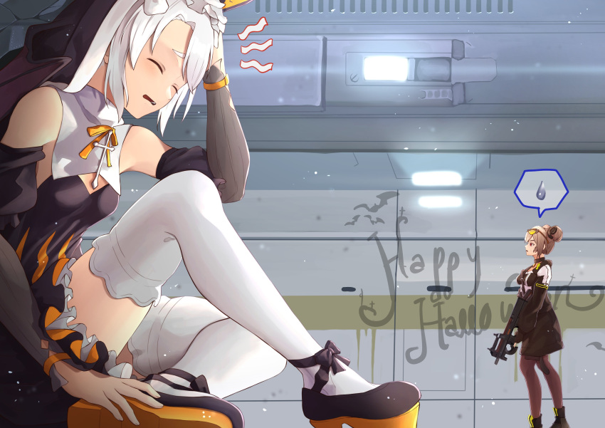 2girls, absurdres, artist_request, bangs, black_legwear, brown_hair, bullpup, closed_eyes, double_bun, eyebrows_visible_through_hair, eyewear_on_head, from_side, giant, giantess, girls_frontline, gtscommissions, gun, hair_between_eyes, hair_ornament, happy_halloween, highres, holding, holding_gun, holding_weapon, looking_at_another, medium_hair, multiple_girls, open_mouth, p7_(girls'_frontline), p90, p90_(girls'_frontline), pantyhose, red_eyes, shoes, silver_hair, simple_background, sitting, standing, submachine_gun, teardrop, thigh-highs, weapon, white_legwear