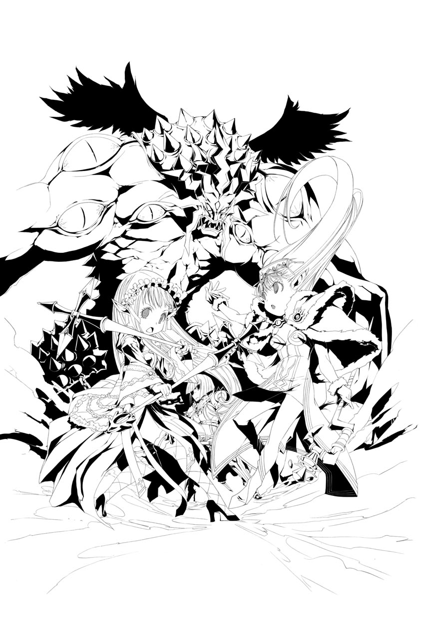 1boy, 3girls, arch_bishop_(ragnarok_online), armor, bangs, bikini_armor, boots, breastplate