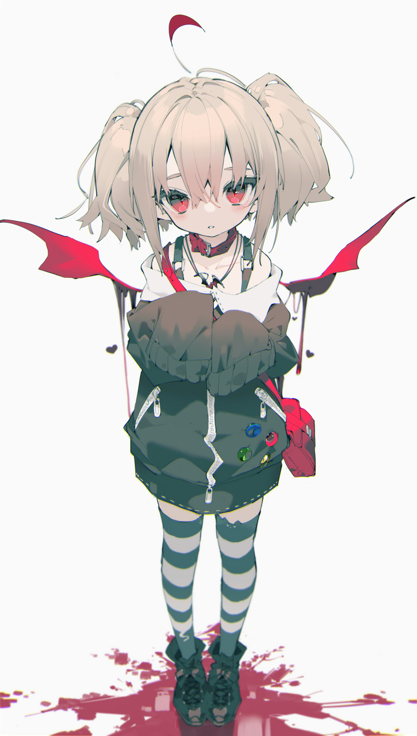 1girl, absurdres, ahoge, bangs, bat_necklace, bat_wings, black_footwear, black_jacket