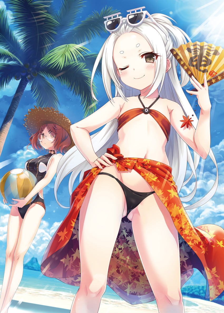 2girls, absurdres, ball, bangs, bare_arms, bare_shoulders, beach, beachball