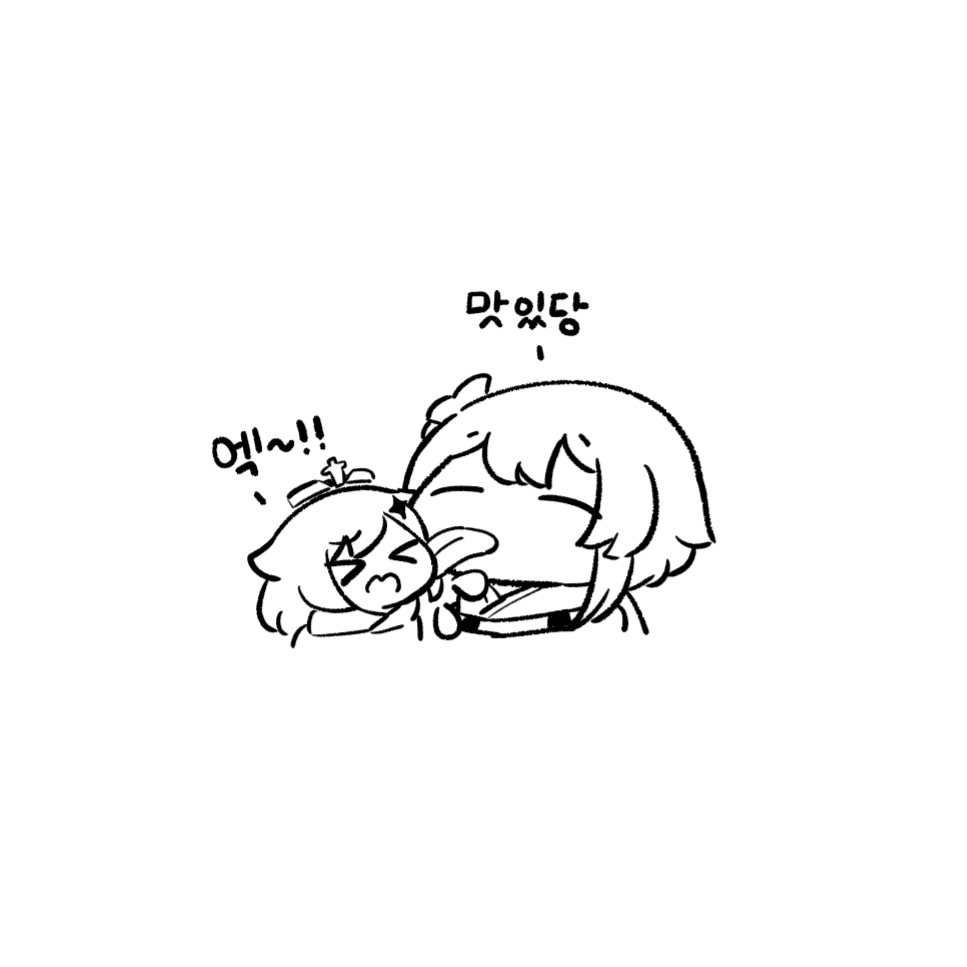 >_<, 2girls, chibi, closed_mouth, emaka, genshin_impact, hair_ornament, korean_commentary