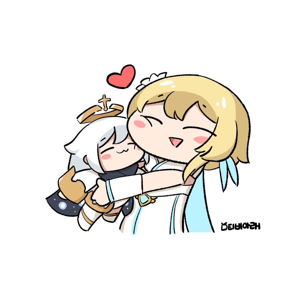 2girls, :3, :d, artist_name, blonde_hair, blush, cape, cheek-to-cheek