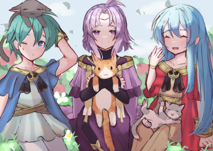 1girl, 2boys, animal, aqua_eyes, aqua_hair, bangs, blush, cat, eirika_(fire_emblem), ephraim_(fire_emblem), fire_emblem, fire_emblem:_the_sacred_stones, fire_emblem_heroes, hair_between_eyes, highres, holding, holding_animal, holding_cat, juneplums, long_hair, lyon_(fire_emblem), multiple_boys, official_alternate_costume, open_mouth, purple_hair, short_hair, sitting, violet_eyes, younger