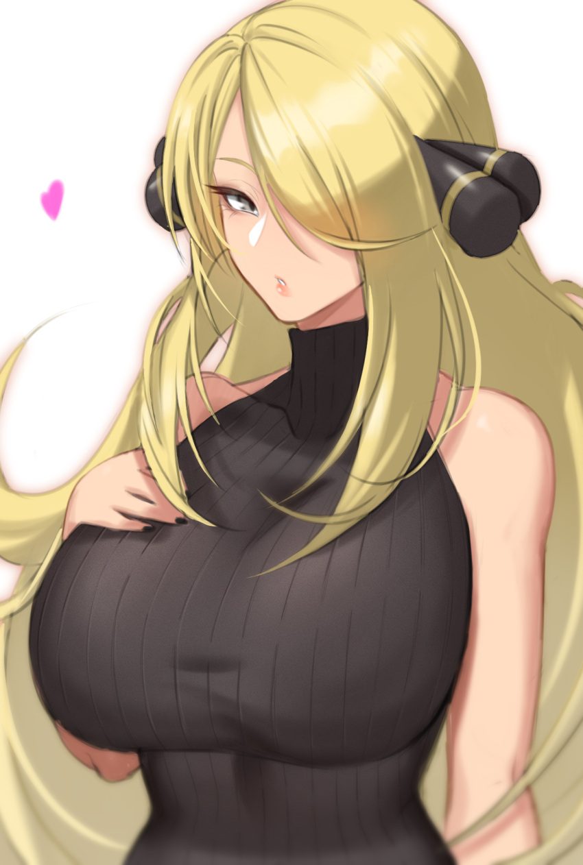 anima_(togashi), bare_shoulders, black_nails, black_sweater, blonde_hair, breasts, cynthia_(pokemon), grey_eyes