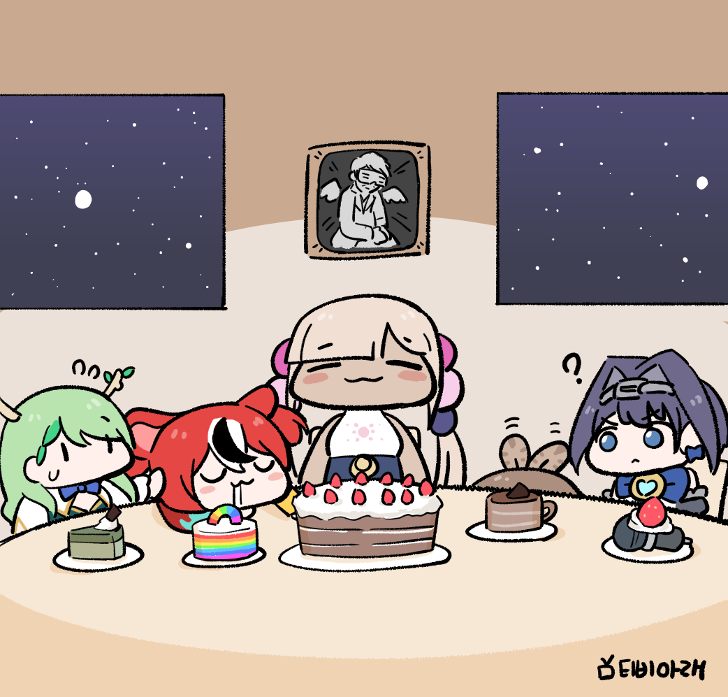 5girls, :<, :3, ?, animal_ears, artist_name, bare_shoulders, black_hair