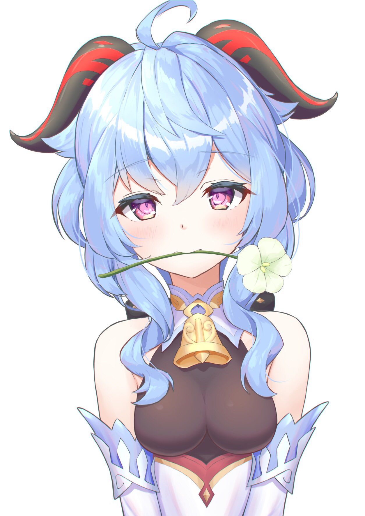 ahoge, bangs, bare_shoulders, bell, blue_hair, blush, bow, bowtie, breasts, curled_horns, detached_sleeves, eyebrows_visible_through_hair, flower, flower_in_mouth, ganyu_(genshin_impact), genshin_impact, highres, horns, long_hair, looking_at_viewer, medium_breasts, mizuhi_kou, neck_bell, qingxin_flower, sidelocks, solo, violet_eyes, white_background, white_flower, white_sleeves