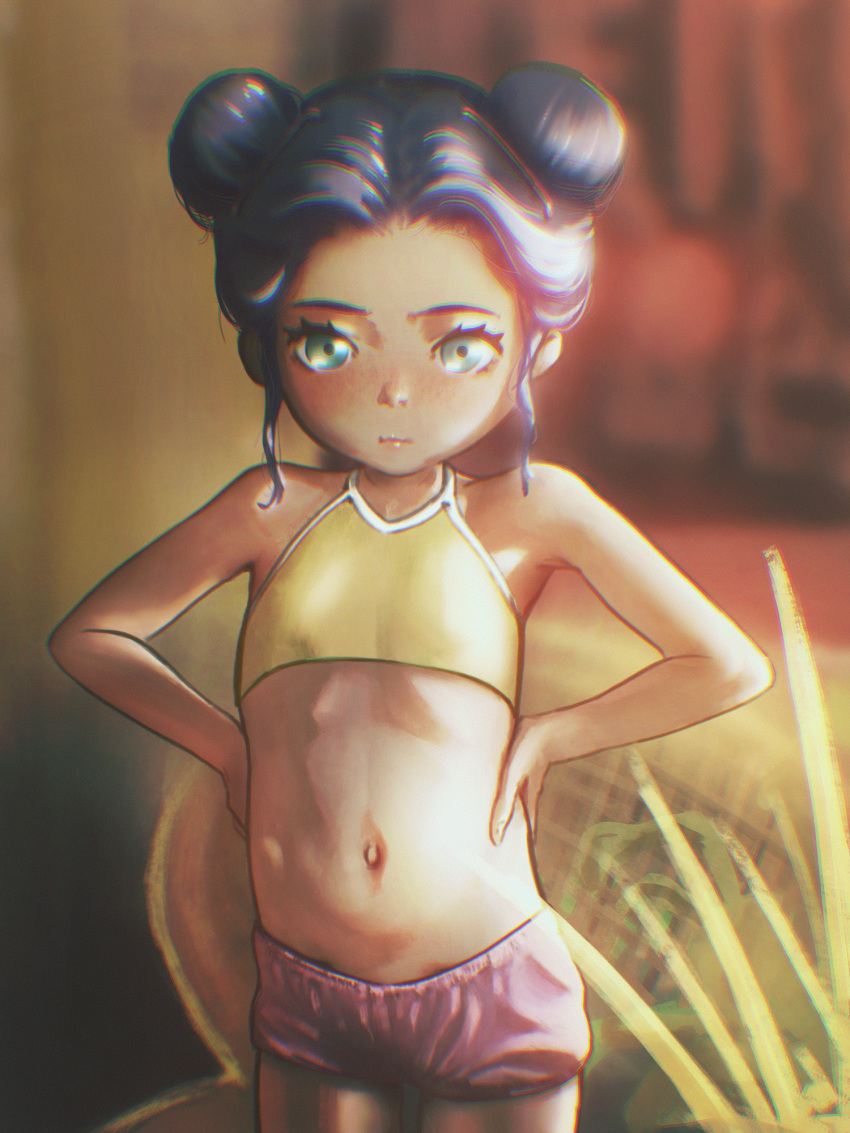 1girl, amaporapotito, black_hair, blurry, blus_eyes, chromatic_aberration, crop_top, dark-skinned_female