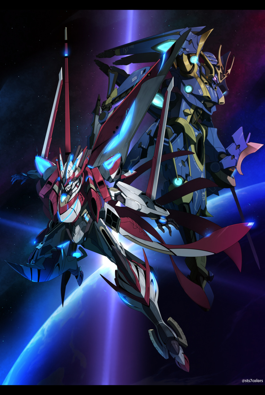 blue_eyes, crossover, dual_wielding, flying, glowing, glowing_eye, highres, holding
