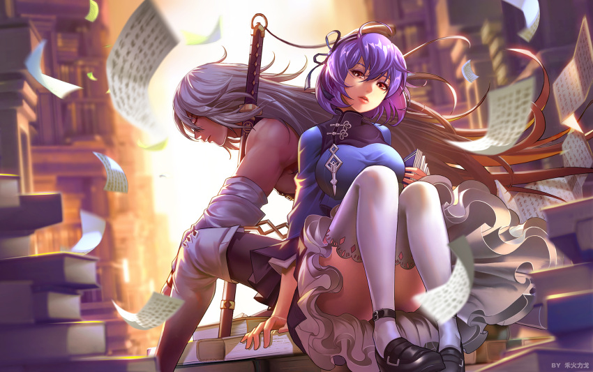 1boy, 1girl, artist_name, bangs, black_footwear, black_pants, blue_dress, blue_ribbon