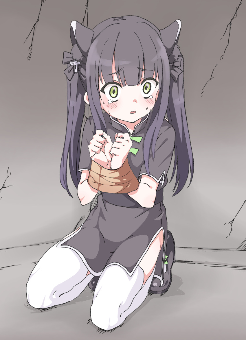 1girl, absurdres, animal_ears, black_hair, blue_archive, bound, bound_wrists, china_dress, chinese_clothes, dress, fujiwara_tatsuroo, full_body, green_eyes, highres, kneeling, long_hair, scared, short_sleeves, shun_(blue_archive), tears, thigh-highs, twintails, white_legwear