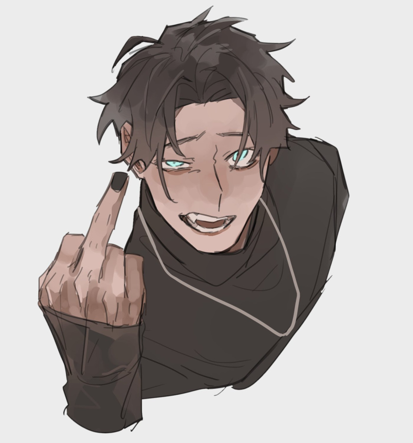 1boy, aqua_eyes, bbbb_fex, black_nails, black_shirt, eyebrows, fangs, glowing