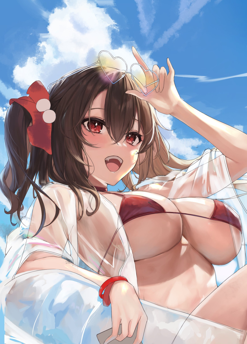 1girl, :d, absurdres, aoi_13, bangs, bikini, blue_sky, bracelet