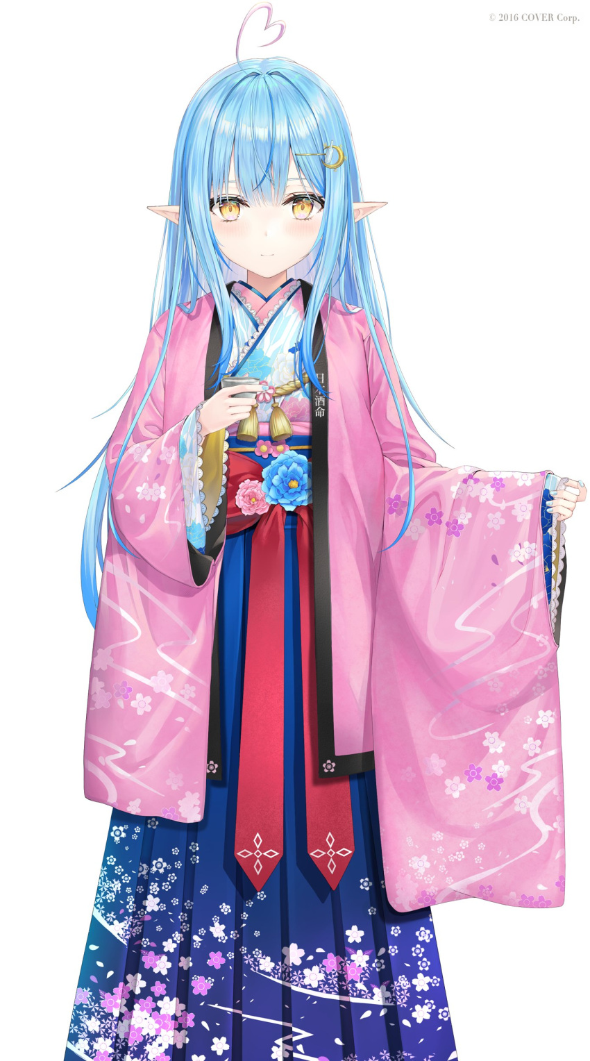 1girl, absurdres, ahoge, bangs, blue_hair, blue_hakama, blue_nails, blush