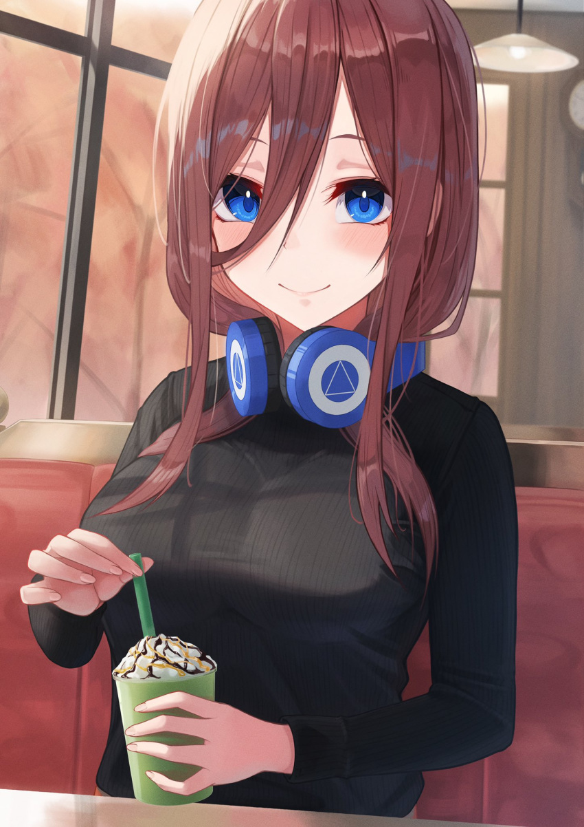1girl, alternate_costume, bangs, black_sweater, blue_eyes, blush, breasts, brown_hair