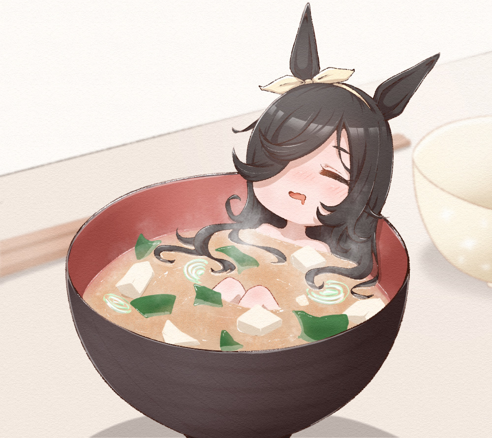 1girl, animal_ears, bangs, bathing, black_hair, blush, bowl, chopsticks