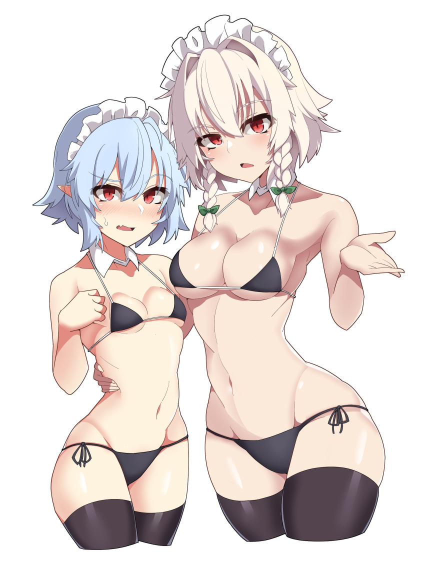 2girls, absurdres, agu_(antyosan), bangs, bikini, black_bikini, black_legwear, blue_hair