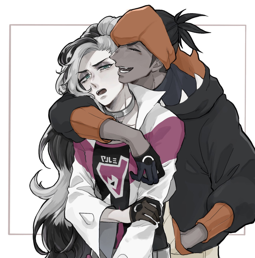 2boys, :d, belt, black_hair, black_hoodie, closed_eyes, cropped_jacket, dark-skinned_male, dark_skin, eyeshadow, gloves, green_eyes, grey_eyeshadow, half-closed_eyes, highres, hood, hoodie, jacket, long_hair, makeup, male_focus, mizudori_(mi210ri), multicolored_hair, multiple_boys, open_mouth, orange_headband, pale_skin, piers_(pokemon), pokemon, pokemon_(game), pokemon_swsh, raihan_(pokemon), shirt, short_hair, smile, teeth, tongue, two-tone_hair, upper_body, white_hair, white_jacket