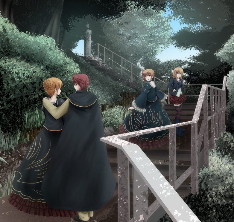 blonde_hair, cape, dress, forest, hand_on_shoulder, multiple_persona, nature, necktie