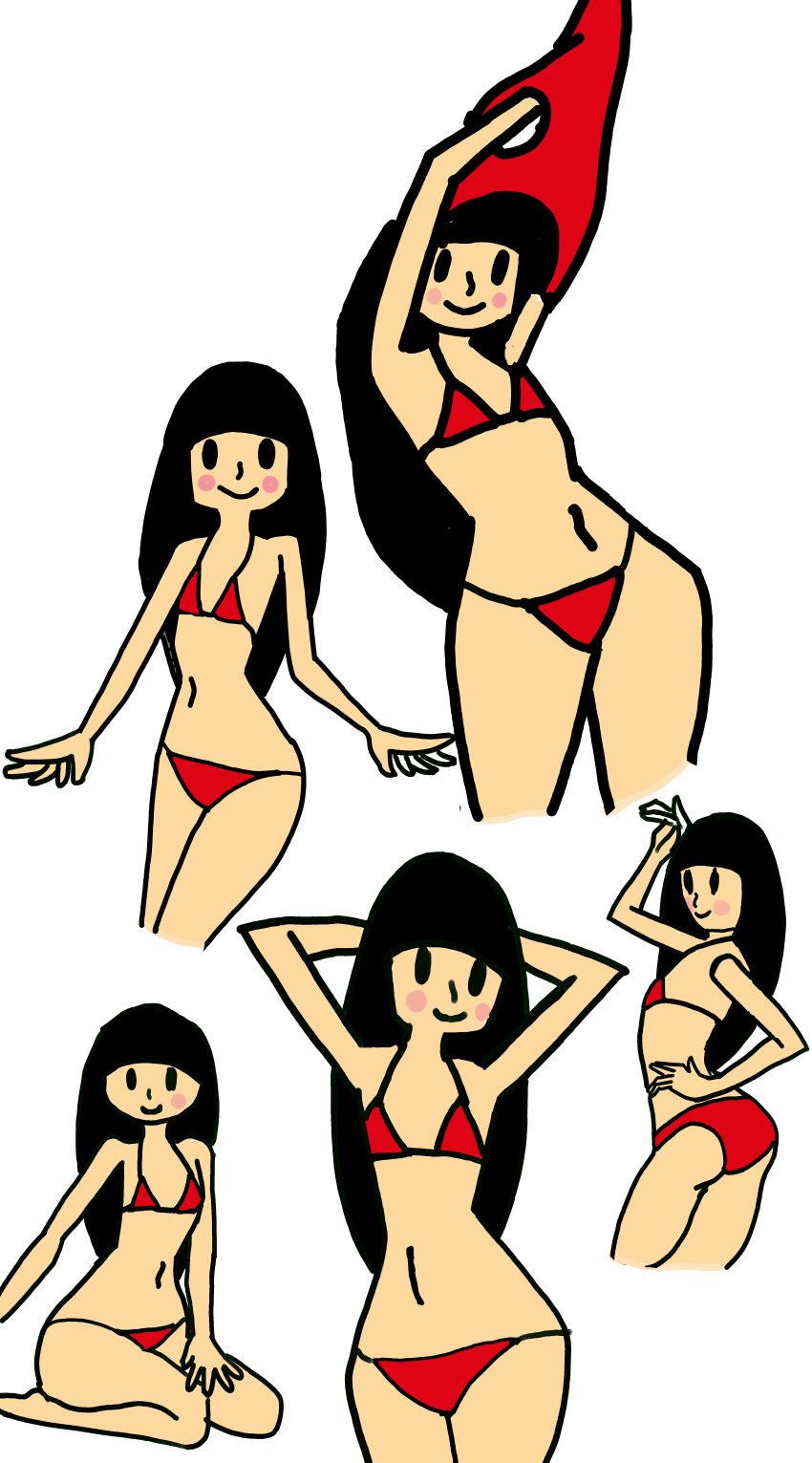1girl, arm_up, armpits, bikini, black_hair, blush_stickers, cowboy_shot, cute