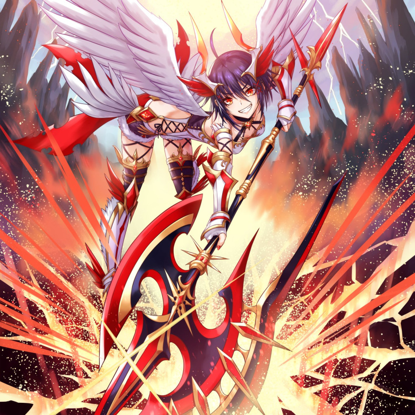 1girl, armband, armor, armored_boots, axe, black_shorts, boots, commentary_request, detached_sleeves, eyebrows_visible_through_hair, fingerless_gloves, fur-trimmed_shorts, fur_trim, gloves, highres, holding, holding_weapon, lightning, purple_hair, red_eyes, sakiyamama, shirt, short_hair, shorts, slima_(yurudorashiru), smile, solo, tagme, valkyrie, weapon, white_gloves, white_shirt, wings, yurudorashiru