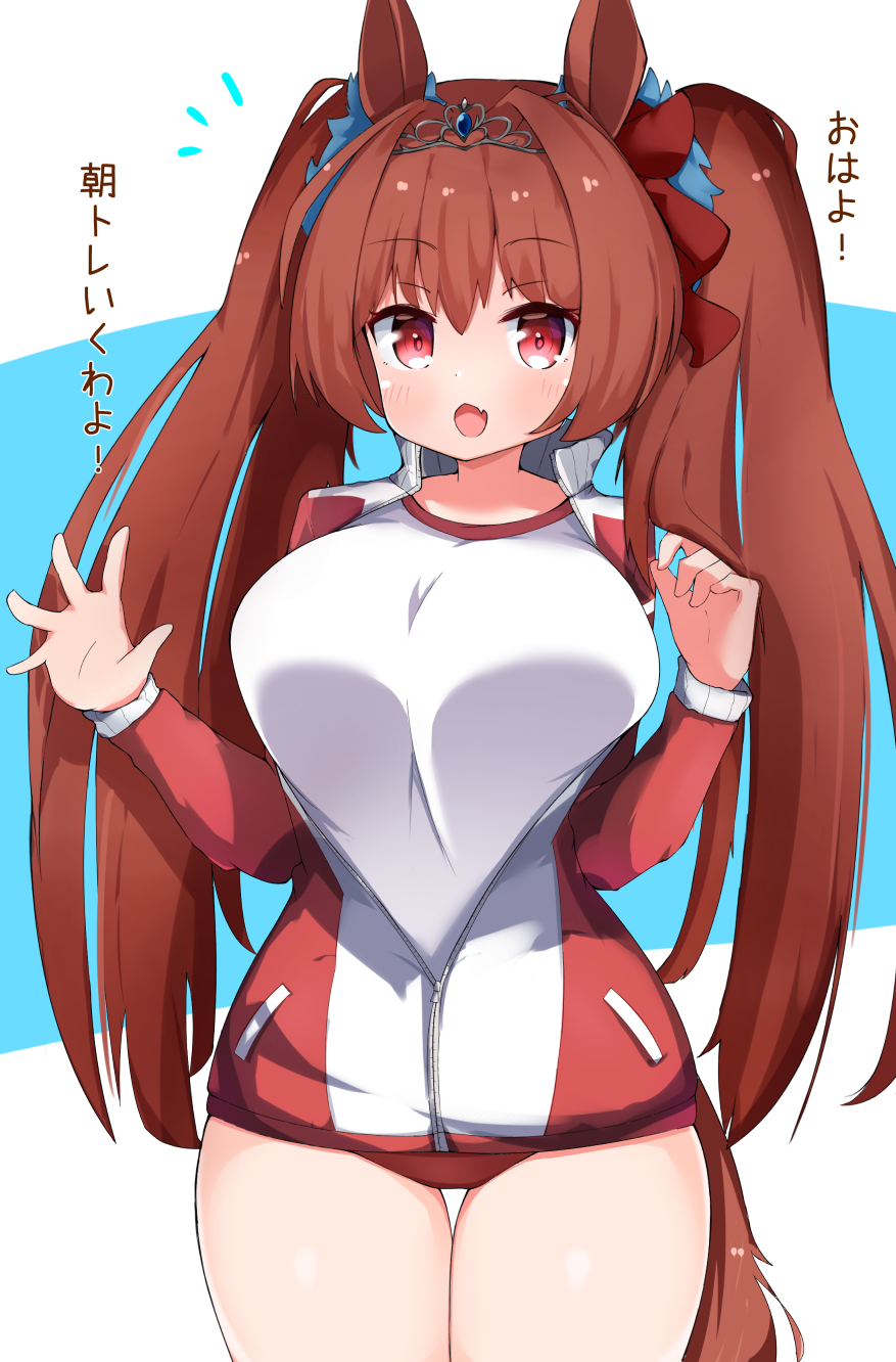 1girl, animal_ears, berusa_(berutoo), breasts, brown_hair, buruma, daiwa_scarlet_(umamusume), eyebrows_visible_through_hair