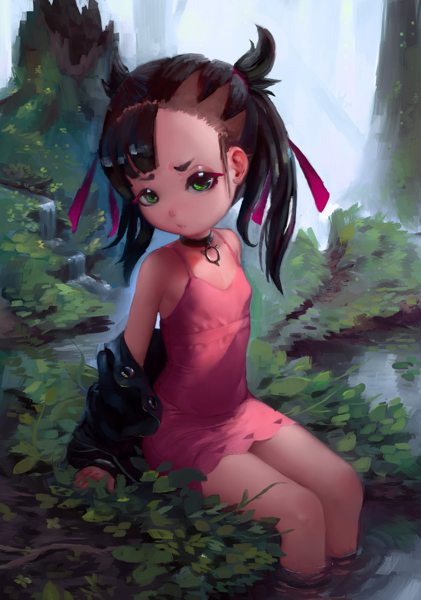 asymmetrical_bangs, bangs, black_choker, black_hair, black_jacket, choker, closed_mouth, day, dress, fizrotart, forest, green_eyes, hair_ribbon, hair_up, highres, jacket, looking_at_viewer, marnie_(pokemon), medium_hair, nature, open_clothes, open_jacket, outdoors, partially_submerged, pink_dress, pokemon, pokemon_(game), pokemon_swsh, red_ribbon, ribbon, short_eyebrows, sitting, soaking_feet, water