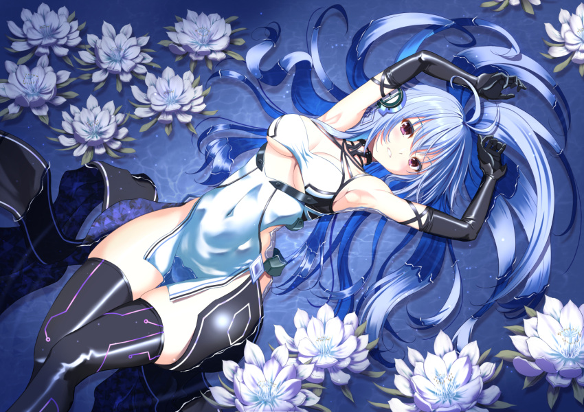 1girl, afloat, ahoge, armpits, azur_lane, bandeau, blue_hair, breasts
