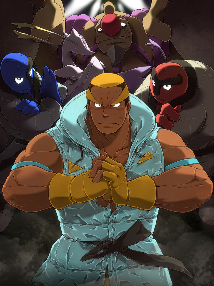 1boy, armband, black_sash, closed_mouth, columns_ke, commentary_request, conkeldurr, dark-skinned_male