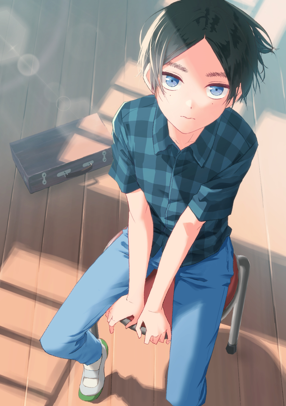 1boy, bangs, black_hair, blue_eyes, blue_period, briefcase, denim, hawatarit
