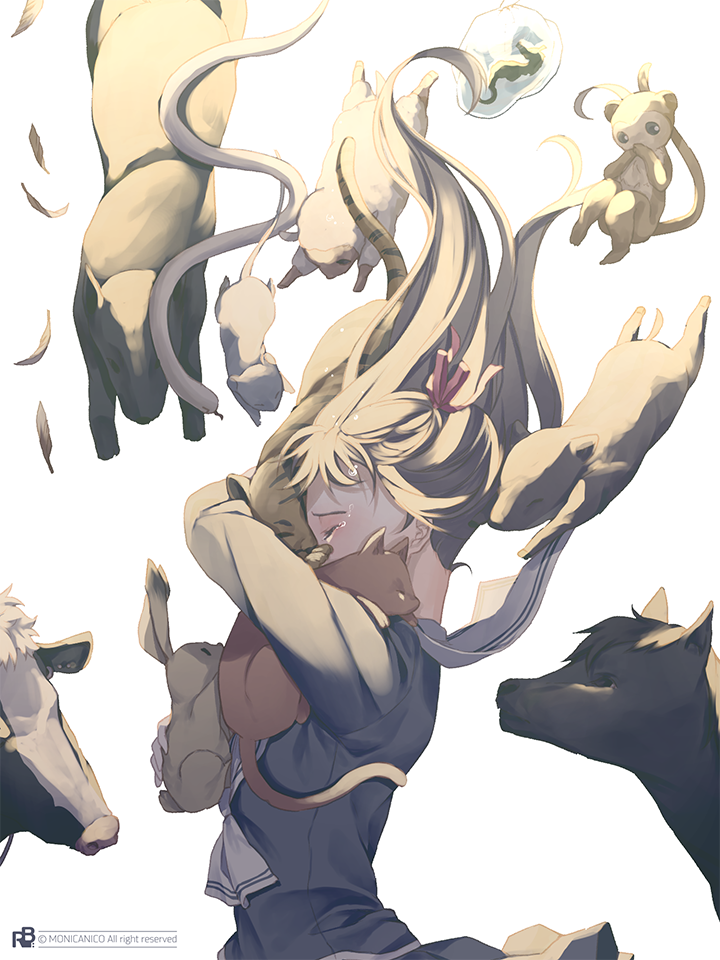 animal, animalization, brown_hair, cat, closed_eyes, covered_mouth, cow, crying