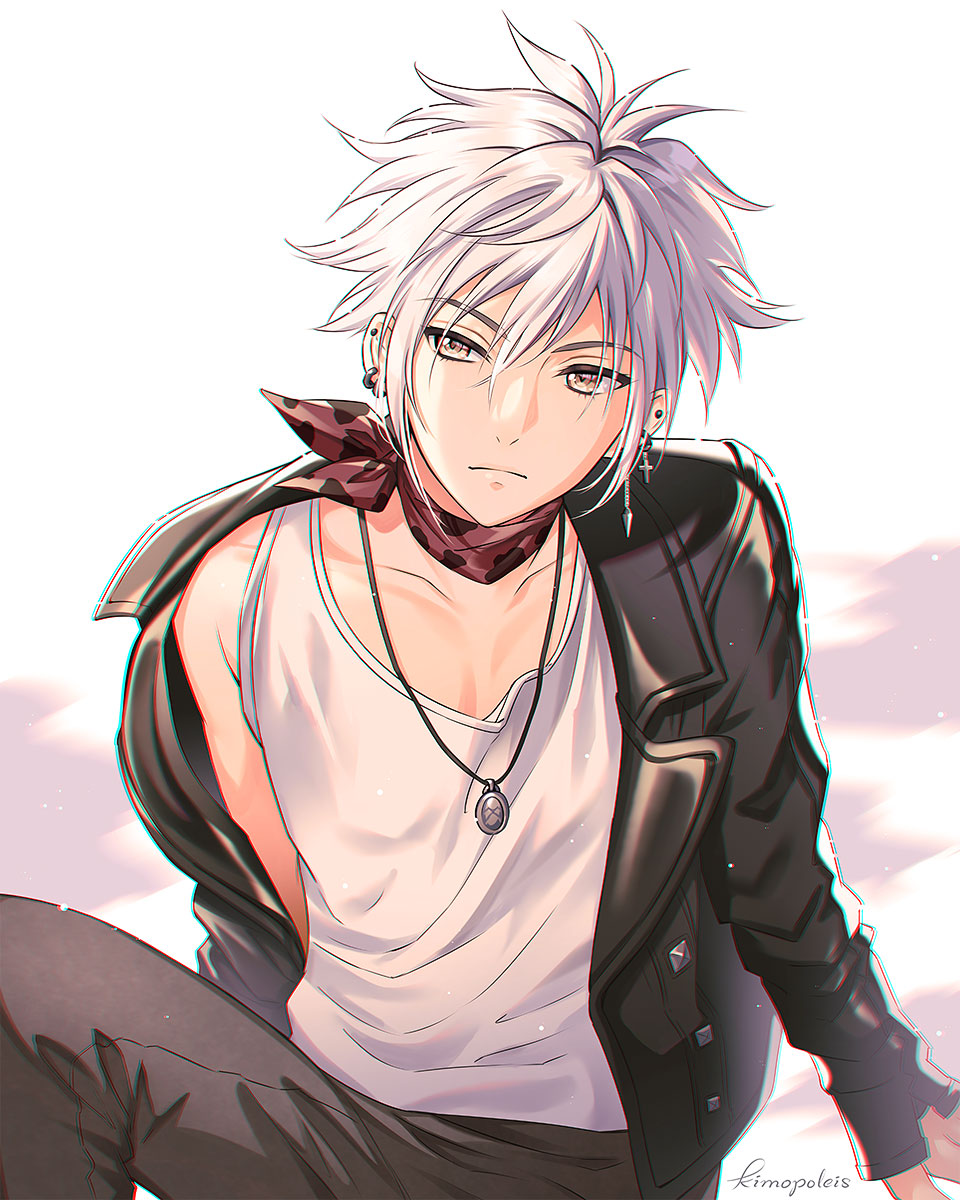 1boy, animal_print, bangs, black_jacket, black_pants, brown_eyes, cow_print, cross