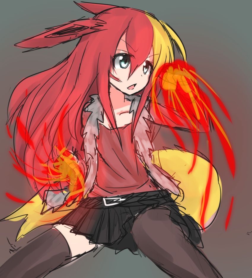 1girl, amemiya_issa, fighting_stance, fire_punch_(pokemon), flareon, green_eyes, grey_background, highres