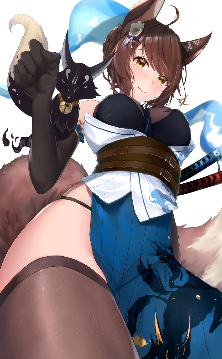 1girl, absurdres, animal_ears, bangs, bell, belt, between_breasts, black_gloves