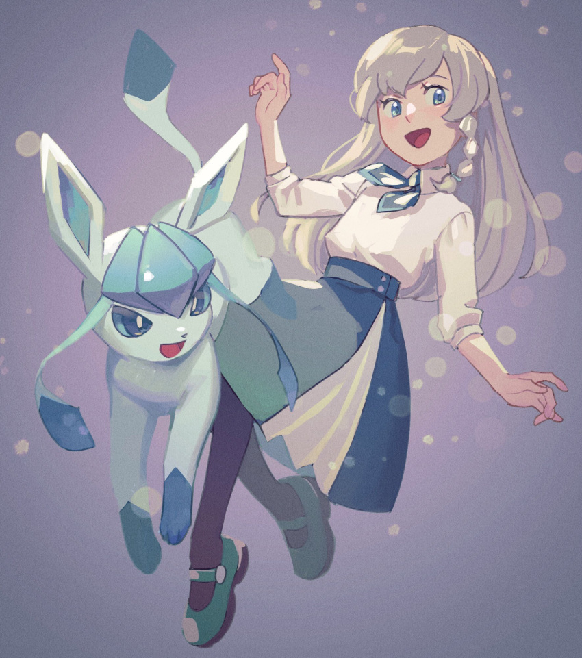 1girl, :d, ascot, bangs, blonde_hair, blue_eyes, blush, collared_shirt, commentary_request, eyelashes, glaceon, green_ascot, green_footwear, green_skirt, highres, ogege_(ogege_kyit), open_mouth, pantyhose, pokemon, pokemon_(anime), pokemon_(creature), pokemon_swsh_(anime), regina_(pokemon), shirt, shoes, skirt, sleeves_past_elbows, smile, tongue, white_shirt