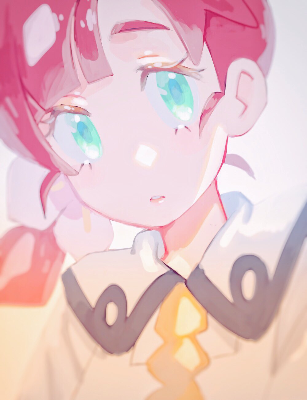 1girl, bangs, blurry, braid, braided_ponytail, chloe_(pokemon), collared_dress, commentary_request