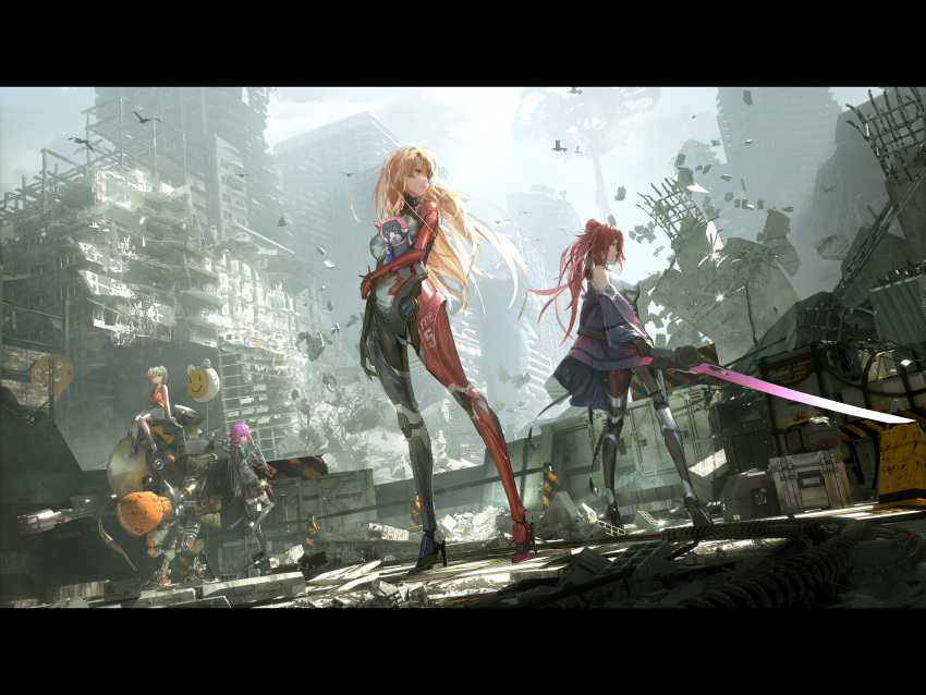 4girls, balloon, bare_shoulders, blonde_hair, city, cyberpunk, debris, fen_bang_laoda