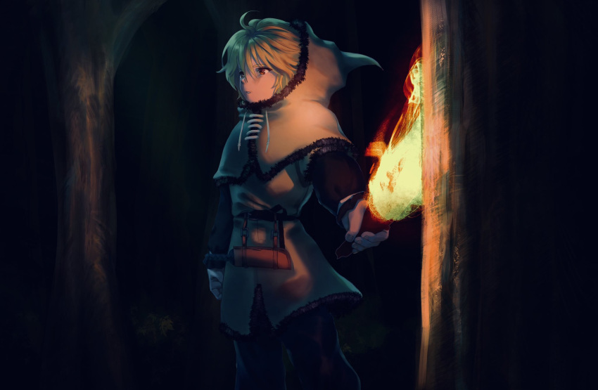 1boy, blonde_hair, brown_eyes, fire, fur-trimmed_hood, fur_trim, highres, hood, long_sleeves, male_focus, shade, thorfinn, tnsb_vs, torch, tree, tunic, viking, vinland_saga