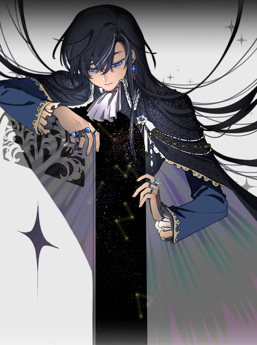 1boy, absurdres, angel, bangs, black_hair, blue_eyes, cape, caterpillar_skeleton, chinese_commentary, commentary_request, door, earrings, ears, gem, highres, jewelry, long_hair, long_sleeves, looking_down, lord_of_the_mysteries, mr_door, nail, ring, simple_background, solo, space, star_(sky), white_neckwear