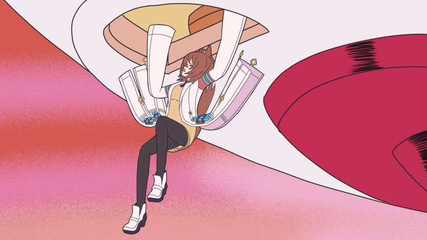 1girl, agnes_tachyon_(umamusume), ahoge, animal_ears, arms_up, black_legwear, boots, brown_hair, chargeman_ken!, closed_eyes, commentary_request, falling, full_body, highres, horse_ears, horse_girl, horse_tail, kudan_(kudan4429), labcoat, open_mouth, parody, sleeves_past_fingers, sleeves_past_wrists, solo, space_craft, sweater, tail, umamusume, yellow_sweater