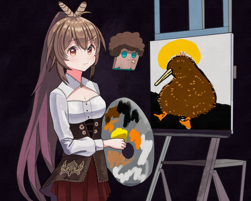 1girl, absurdres, afro, bangs, bird, bob_ross, brown_corset, brown_eyes