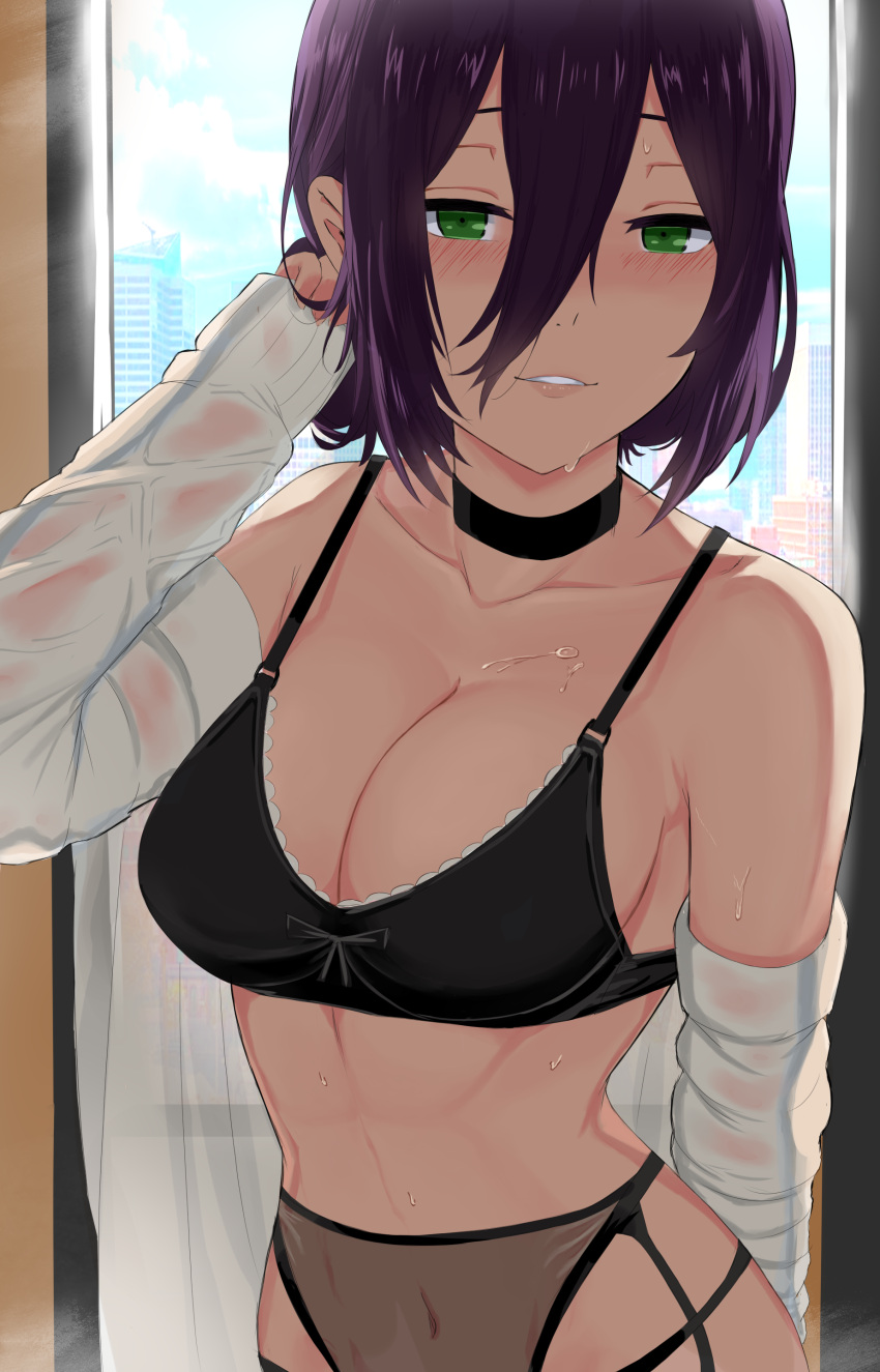 1girl, absurdres, bare_shoulders, black_bra, black_choker, black_panties, blush, bra, breasts, chainsaw_man, choker, clothes_down, garter_belt, garter_straps, green_eyes, hair_between_eyes, highres, i-chandraws, lingerie, long_sleeves, looking_at_viewer, medium_breasts, navel, panties, parted_lips, purple_hair, reze_(chainsaw_man), see-through_shirt, shirt, short_hair, solo, sweat, underwear, upper_body, wet, wet_clothes, wet_shirt, window