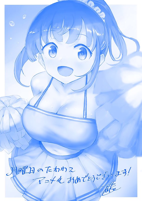 1girl, blue_theme, breasts, cheer-chan_(tawawa), cheerleader, getsuyoubi_no_tawawa, hair_ornament, hair_scrunchie