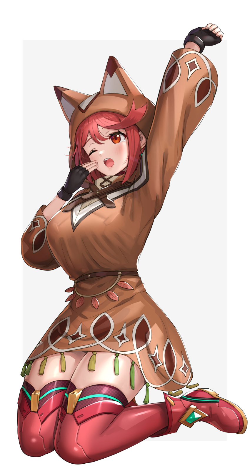 1girl, absurdres, bangs, black_gloves, breasts, disguised_pyra_(xenoblade), earrings, fingerless_gloves, full_body, gloves, gonzarez, highres, hood, hoodie, jewelry, kneeling, large_breasts, pyra_(xenoblade), red_eyes, red_shorts, redhead, short_hair, short_shorts, shorts, swept_bangs, thigh-highs, xenoblade_chronicles_(series), xenoblade_chronicles_2, yawning