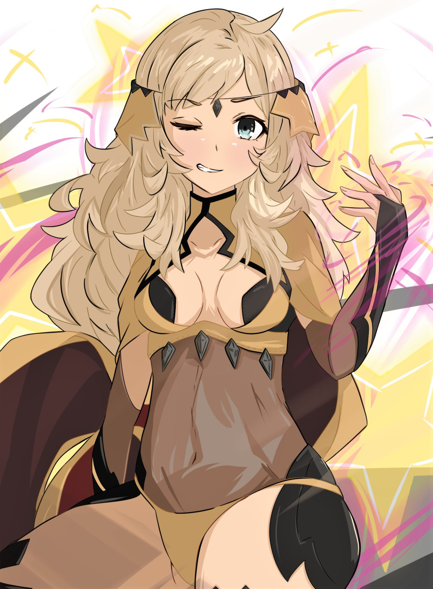 1girl, ahoge, bangs, blonde_hair, bodystocking, breasts, bridal_gauntlets, cape