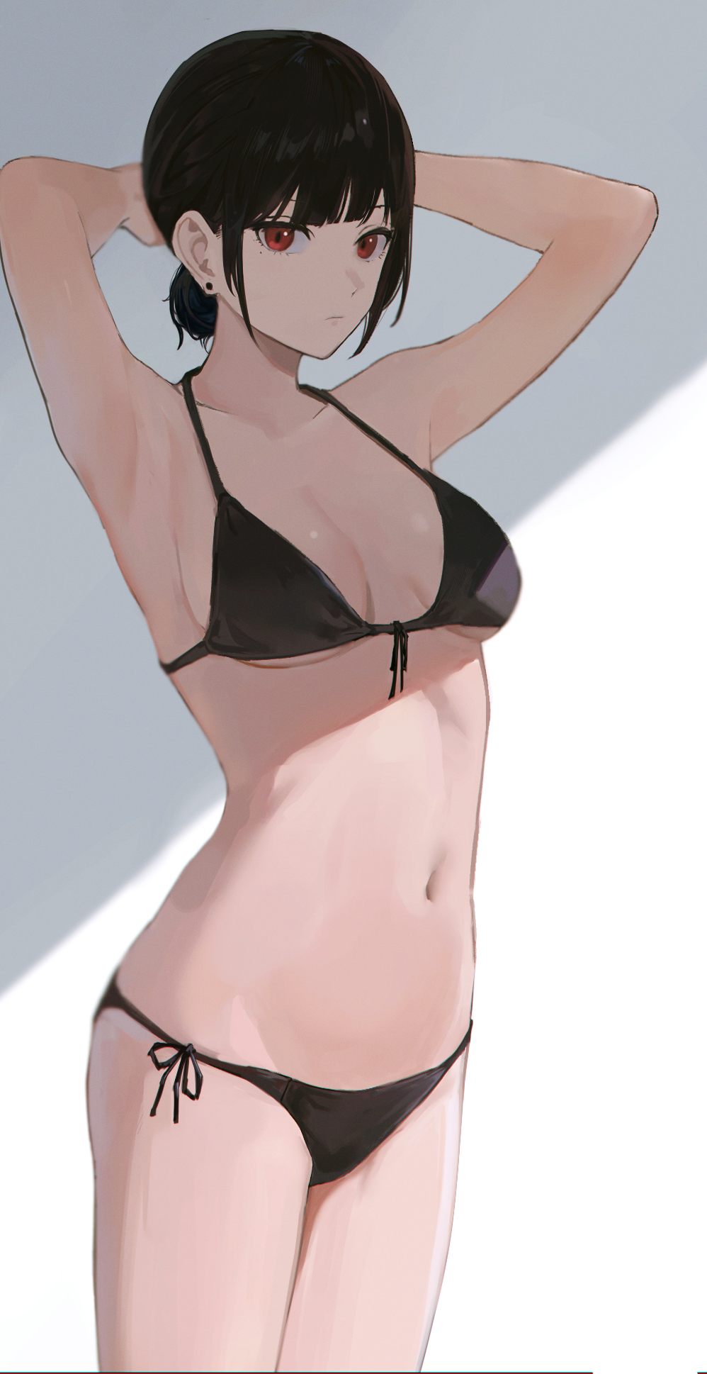 1girl, armpits, arms_behind_head, arms_up, bare_arms, bare_shoulders, bario, bikini