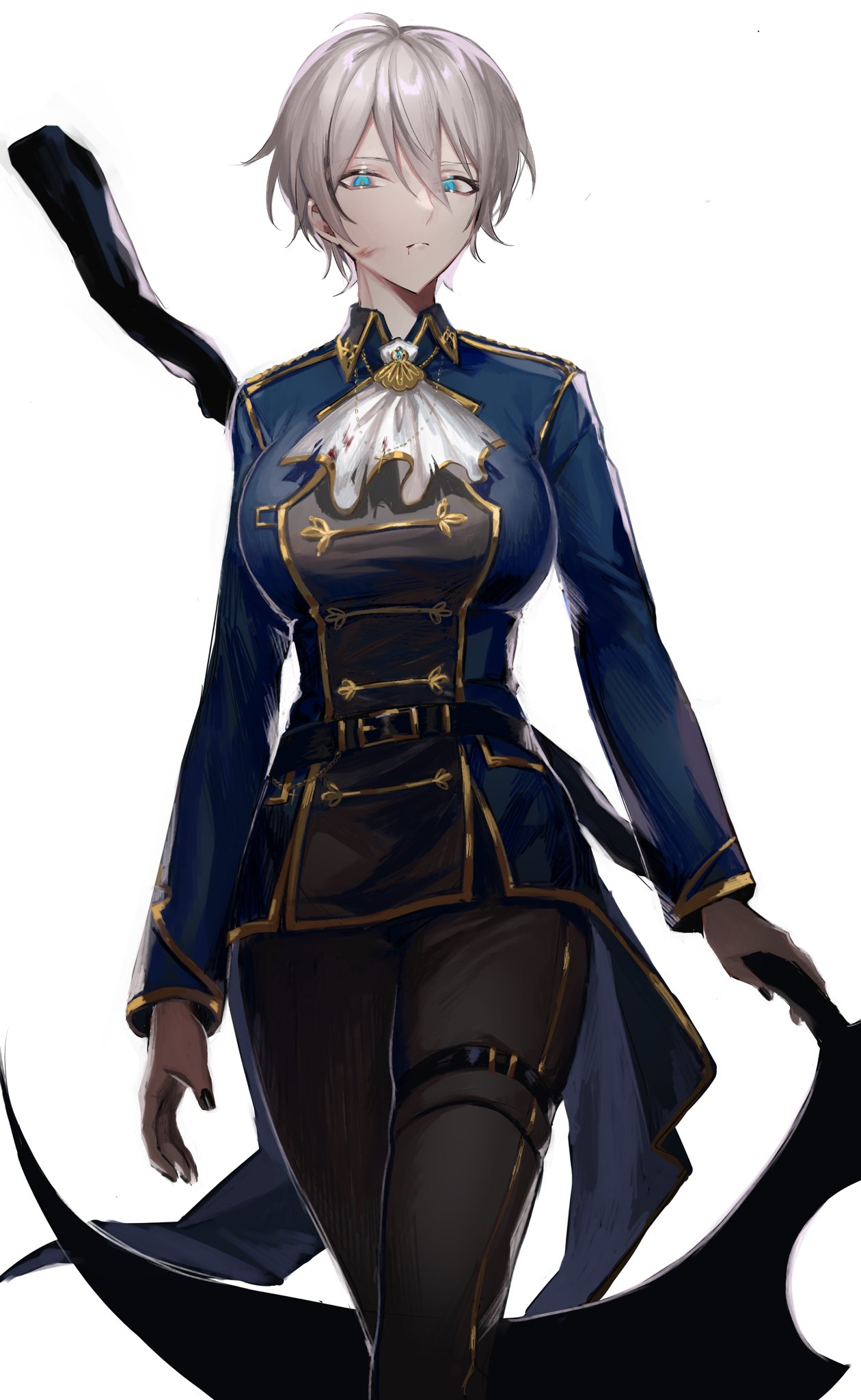 1girl, ascot, bangs, black_nails, black_pants, blood, blood_on_clothes, blood_on_face, blue_eyes, blue_jacket, breasts, hair_between_eyes, highres, holding, holding_scythe, jacket, large_breasts, nijisanji, nijisanji_kr, oh_jiyu, pants, scythe, senzai, short_hair, silver_hair, solo, thigh_strap, virtual_youtuber, white_ascot