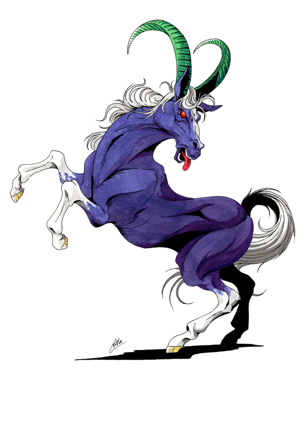 atlus, bicorn, bicorn_(shin_megami_tensei), demon, hooves, horn, horse, persona, red_eyes, shin_megami_tensei
